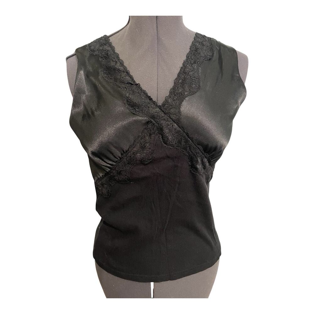 Vintage Jason Maxwell Y2K Lace Satin Tank Top Size Large Black V Neck Boho